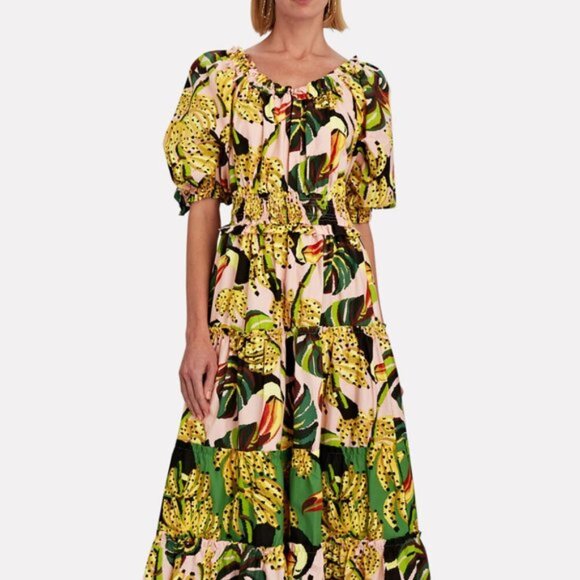FARM RIO Toucananas Tiered Cotton Off-The-Shoulder Maxi Dress Small - Picture 9 of 12